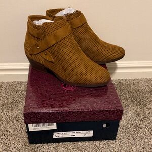 Perforated Tan Suede Ankle Booties with Decorative Strap - Women